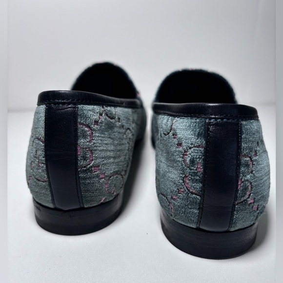 GUCCI Authentic GG Velvet Embossed Slip On Horsebit Loafers Size 39 Green Pink - Picture 8 of 15